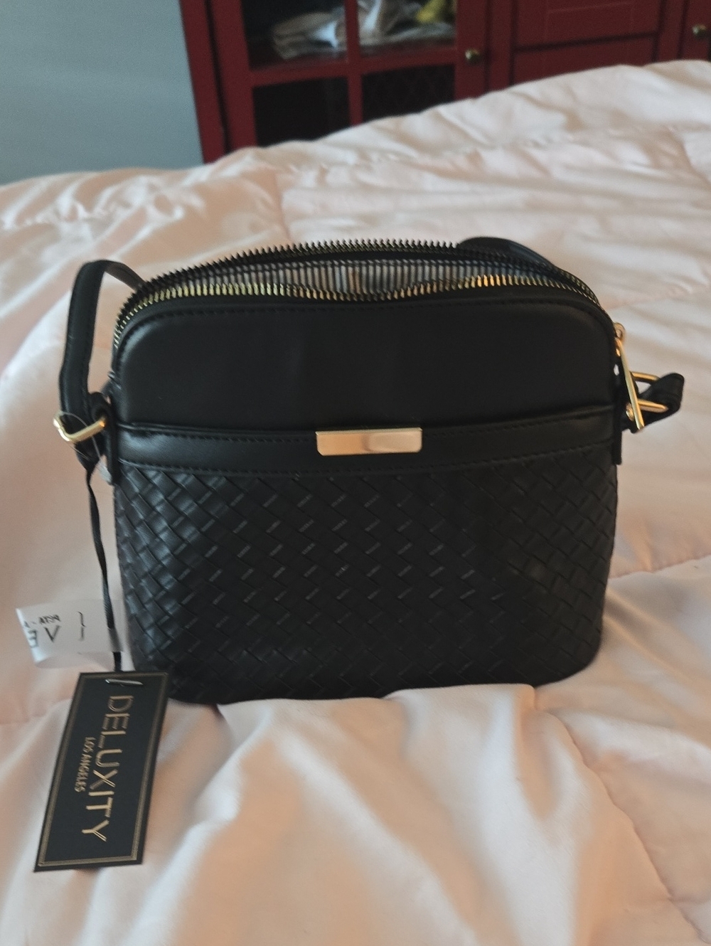 Deluxity Black Woven Crossbody with Gold Accents